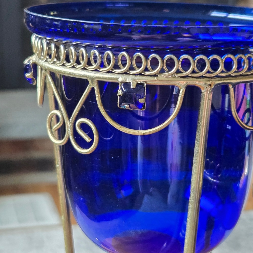 Cobalt Blue Glass Candle Holders Set of 2 Metal Stand Decorative Home Decor - Picture 11 of 12